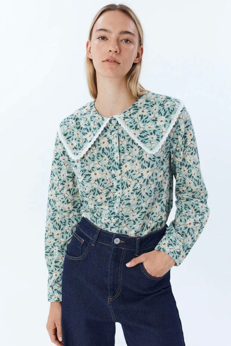 Chemisier Ann Taylor à Fleurs Transparentes – Bleu – Taille S – Manches Courtes